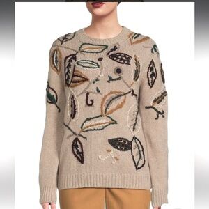 Salvatore Ferragamo Beige Leaf Embroidery Virgin Wool & Cashmere Sweater
